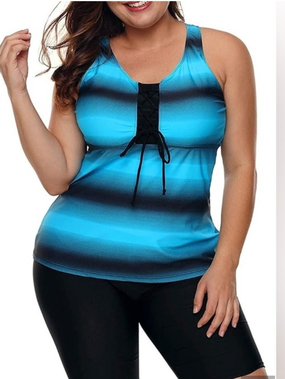 Women's Blue Ombre Lace-Up Tankini Swim Top And Short Set
